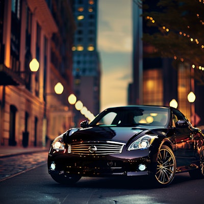 Sleek Black Car on City Street at Dusk - A shiny black car parked on a city street illuminated by warm streetlights and a softly lit background, creating a serene evening ambiance.