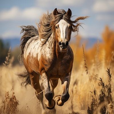 Wild Horse Running in Field - A majestic wild horse with a flowing mane charges through an open field, exuding power and grace. The golden hues of the surrounding grass and the blurred background emphasize the horse's dynamic movement and natural beauty.