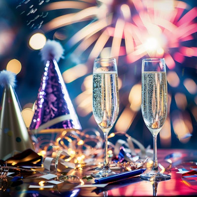 Champagne Toast with Fireworks - Two champagne flutes filled with bubbly sit on a festive table, surrounded by party hats and confetti. Vibrant fireworks light up the background, creating a celebratory atmosphere perfect for ringing in the New Year.