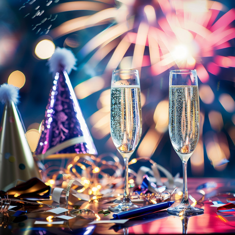 Photo: Two champagne flutes filled with bubbly sit on a festive table, surrounded by party hats and confetti. Vibrant fireworks light up the background, creating a celebratory atmosphere perfect for ringing in the New Year.
