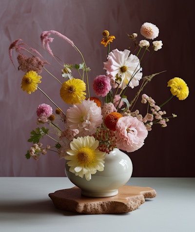 Vibrant Floral Arrangement in Vase - A beautifully arranged bouquet of colorful flowers in a white vase, set against a soft, muted background. The diverse blooms and delicate stems create an elegant and fresh display, perfect for any setting.