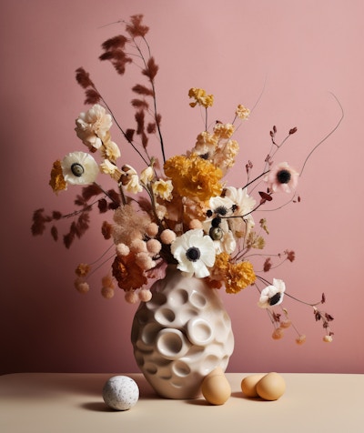 Elegant Floral Arrangement with Eggs - A sophisticated arrangement of dried and fresh flowers in a uniquely textured vase, set against a soft pink background. Decorative eggs add an artistic touch to the serene and stylish composition.