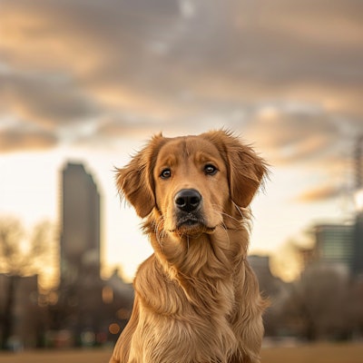 Golden Retriever in Urban Park at Sunset - A beautiful golden retriever sits attentively in an urban park with a cityscape in the background, bathed in the warm glow of a sunset. The dog's expressive eyes and the tranquil setting create a touching and picturesque moment.