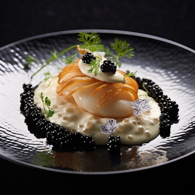 Exquisite Gourmet Dish with Caviar - A beautifully plated gourmet dish featuring delicate fish, creamy sauce, and luxurious caviar. The dish is garnished with fresh herbs and edible flowers, presented on an elegant, dark plate.