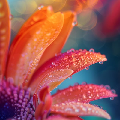 Colorful Flower Petals with Water Droplets - A macro shot of vibrant flower petals covered in glistening water droplets. The colorful background and detailed texture of the petals create a visually stunning and refreshing image.