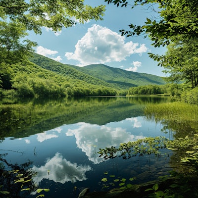 Scenic Lake with Mountain Reflection - A picturesque lake scene with clear reflections of lush green mountains and fluffy white clouds. The serene and tranquil setting is framed by verdant foliage, creating a perfect natural landscape.