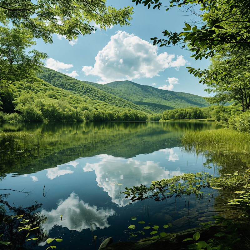 Photo: A picturesque lake scene with clear reflections of lush green mountains and fluffy white clouds. The serene and tranquil setting is framed by verdant foliage, creating a perfect natural landscape.