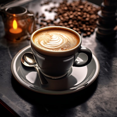 Latte Art in Cozy Cafe Setting - A beautifully crafted latte with intricate foam art sits on a table in a cozy cafe. The warm ambiance is enhanced by the soft glow of a candle and scattered coffee beans in the background.