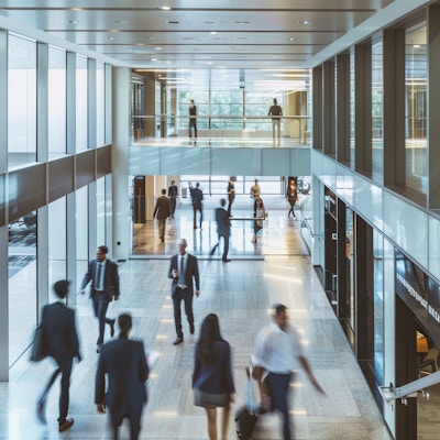 Business People in Modern Office Building - A bustling modern office building with professionals walking through the spacious, well-lit atrium. The dynamic environment is captured with a sense of motion and productivity.