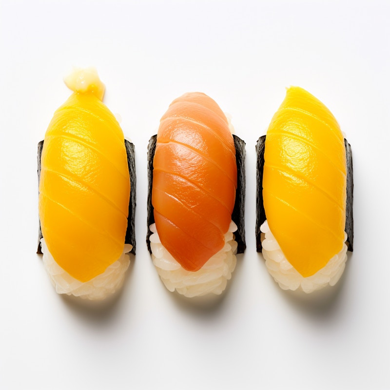 Photo: Three perfectly crafted nigiri sushi pieces with vibrant yellow and red toppings, neatly arranged on a white background. The simplicity and precision of the presentation highlight the elegance of Japanese cuisine.