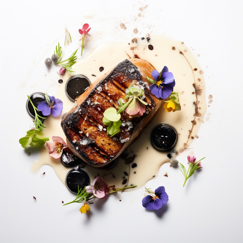 Photo: A beautifully plated gourmet dish featuring a perfectly grilled piece of fish adorned with colorful edible flowers. The artistic presentation is complemented by a creamy sauce and decorative elements on a white background.