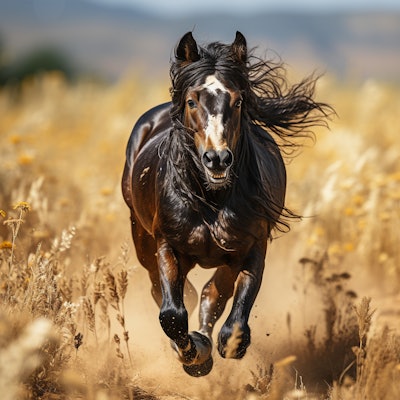 Powerful Black Horse Running in Field - A majestic black horse with a flowing mane charges through a sunlit field, exuding strength and grace. The dynamic movement and intense expression of the horse create a captivating and powerful image.