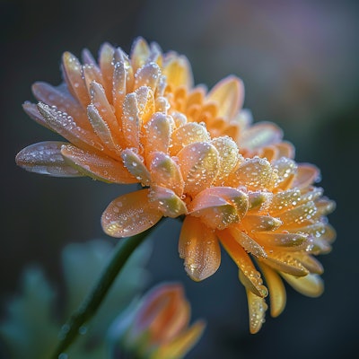 Dew-Covered Chrysanthemum Flower - A close-up of a chrysanthemum flower covered in sparkling dew drops. The delicate petals and soft lighting create a serene and refreshing natural scene.