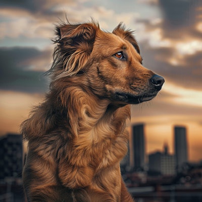 Golden Retriever in City at Sunset - A golden retriever with a soft, fluffy coat looks thoughtfully into the distance against a cityscape backdrop at sunset. The warm tones of the sky and the dog's fur create a harmonious and serene scene.