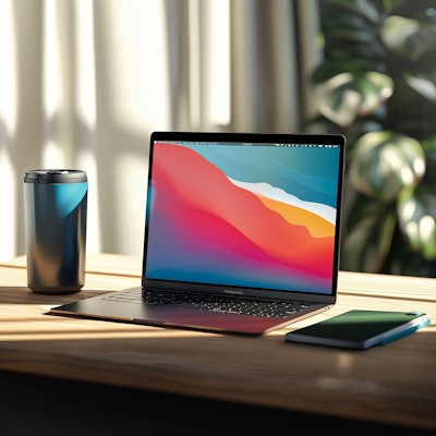 Modern Workspace with Laptop and Mug - A sleek laptop with a vibrant, colorful screen sits on a wooden desk, accompanied by a metallic coffee tumbler and a smartphone. Sunlight filters through the curtains, highlighting the minimalist workspace and a touch of greenery in the background.