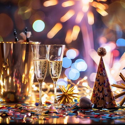 Champagne Celebration with Fireworks - Two champagne flutes filled with bubbly sit on a festive table, surrounded by party hats and confetti. Vibrant fireworks light up the background, creating a celebratory atmosphere perfect for ringing in the New Year.