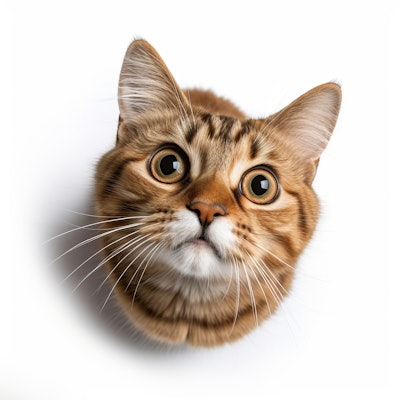 Curious Cat with Wide Eyes - A close-up of a curious cat with wide, expressive eyes and a soft fur coat. The white background emphasizes the cat's striking features and inquisitive expression.