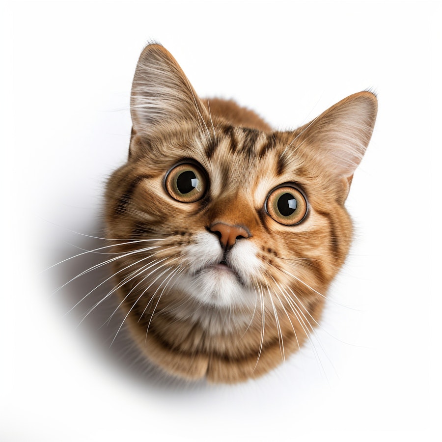 Photo: A close-up of a curious cat with wide, expressive eyes and a soft fur coat. The white background emphasizes the cat's striking features and inquisitive expression.