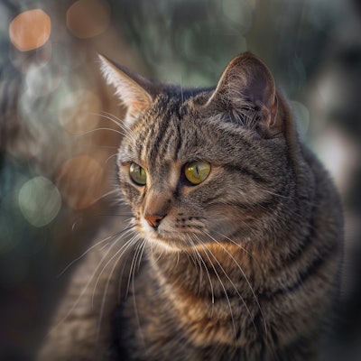 Thoughtful Cat with Bokeh Background - A beautiful cat with a thoughtful expression sits in front of a softly blurred background with bokeh lights. The detailed texture of the cat's fur and the warm lighting create a cozy and intimate portrait.