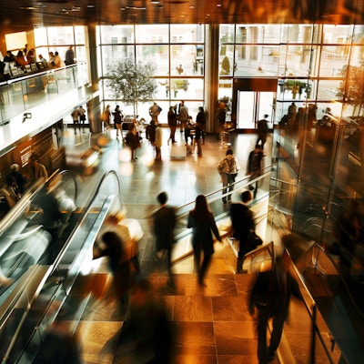 Busy Modern Office Atrium - A bustling modern office atrium filled with people moving about, using escalators and engaging in conversations. The scene captures the dynamic and lively atmosphere of a contemporary workspace.