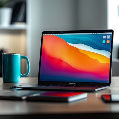 Laptop with Colorful Screen and Coffee Mug - A modern laptop displaying a vibrant, colorful screen sits on a wooden desk alongside a turquoise coffee mug. The clean and organized workspace emphasizes productivity and comfort.