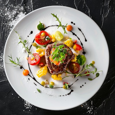 Gourmet Steak Salad with Fresh Vegetables - A beautifully plated gourmet steak salad featuring fresh vegetables, microgreens, and a drizzle of balsamic reduction. The colorful ingredients and artistic presentation create an appetizing and elegant dish.