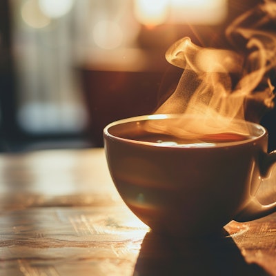 Steaming Hot Coffee in Morning Light - A steaming hot cup of coffee catches the morning light as it sits on a wooden table. The warm tones and gentle steam create a cozy and inviting atmosphere, perfect for a peaceful start to the day.