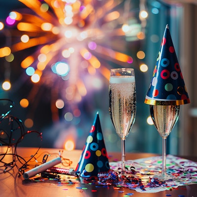 Champagne Celebration with Party Hats - Two champagne flutes with bubbly and colorful party hats are set against a festive backdrop of fireworks and twinkling lights. The scene exudes joy and celebration, ideal for a special occasion.