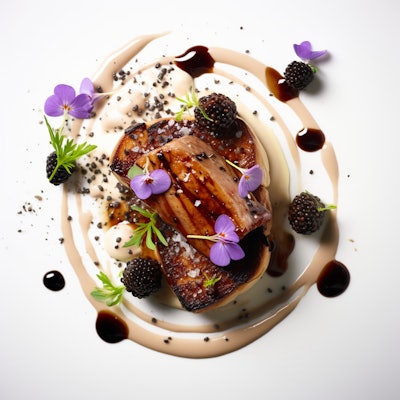 Elegant Gourmet Dish with Edible Flowers - An elegant gourmet dish featuring a beautifully grilled piece of meat, garnished with edible flowers and blackberries. The artistic presentation on a white plate highlights the sophistication and attention to detail.