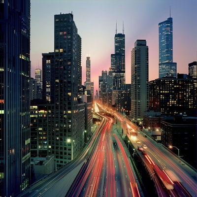 City Skyline with Traffic Trails - A vibrant city skyline at dusk with illuminated skyscrapers and light trails from traffic on the highway. The dynamic scene captures the energy and movement of urban life.