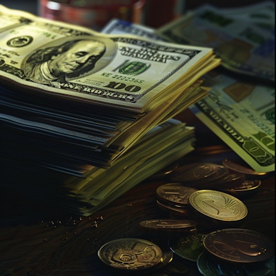 Stacks of Cash and Cryptocurrency Coins - A close-up of stacks of hundred-dollar bills alongside various cryptocurrency coins. The image conveys wealth and financial diversity in the modern economy.