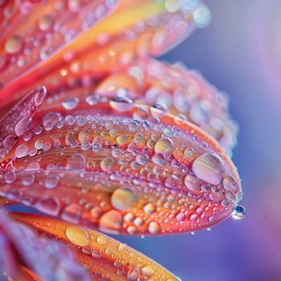 Macro Shot of Dew-Covered Flower Petals - A stunning macro shot of flower petals covered in dewdrops, showcasing their vibrant colors and intricate details. The delicate droplets add a refreshing and ethereal quality to the image.