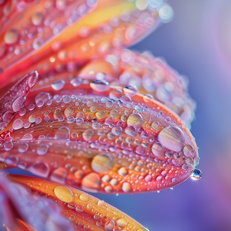 Photo: A stunning macro shot of flower petals covered in dewdrops, showcasing their vibrant colors and intricate details. The delicate droplets add a refreshing and ethereal quality to the image.