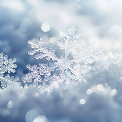 Intricate Snowflakes on Fresh Snow - A close-up of delicate snowflakes resting on fresh, powdery snow. The intricate crystalline structures sparkle in the light, creating a magical winter scene.