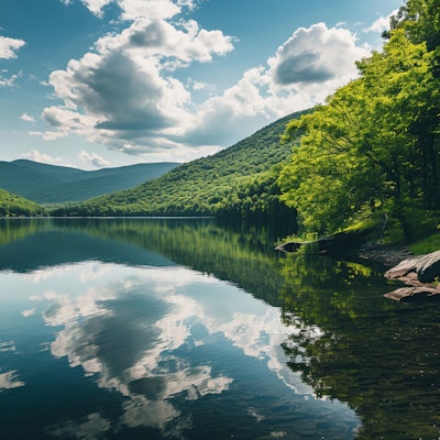 Scenic Lake with Mountain Reflection - A serene lake surrounded by lush green mountains, reflecting the clear blue sky and fluffy clouds. The peaceful setting invites relaxation and appreciation of nature's beauty.