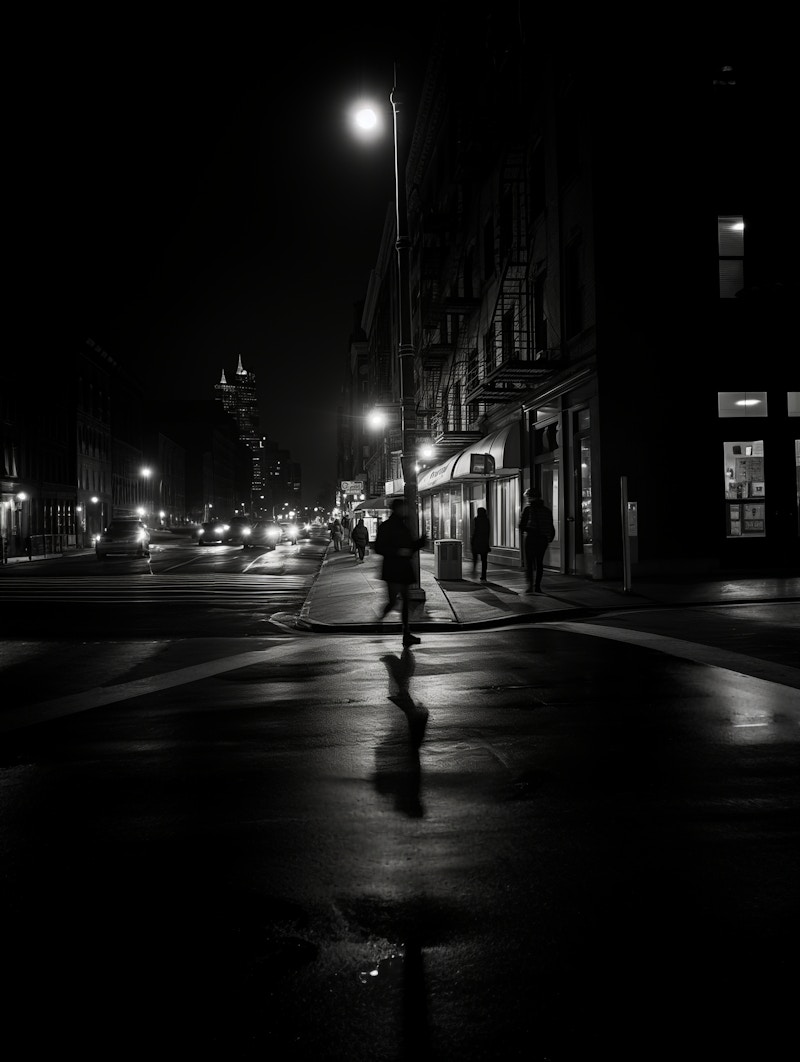 Photo: A black and white photograph capturing the atmospheric streets of a city at night. The streetlights and buildings create dramatic contrasts and deep shadows, evoking a sense of urban mystery.