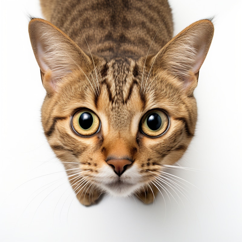 Photo: A close-up of a cat with wide, curious eyes, staring directly into the camera against a white background.