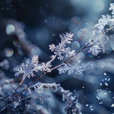 Frost-covered Branches in Winter - Frost-covered branches glisten in the wintry sunlight, surrounded by a dreamy, bokeh-filled background.