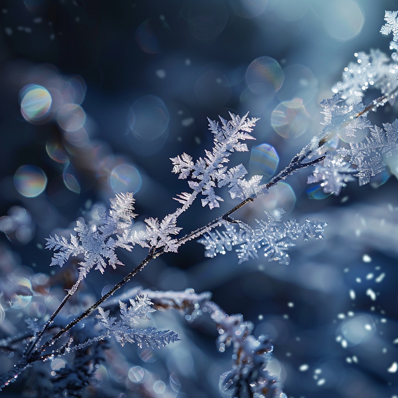 Photo: Frost-covered branches glisten in the wintry sunlight, surrounded by a dreamy, bokeh-filled background.