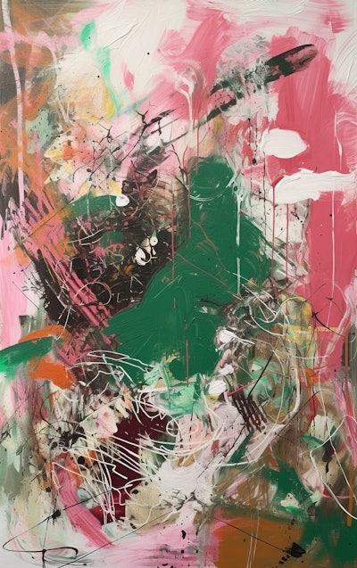 Vibrant Abstract Painting with Pink and Green - A vibrant and chaotic abstract painting with splashes of pink, green, and white, creating a dynamic and expressive composition.