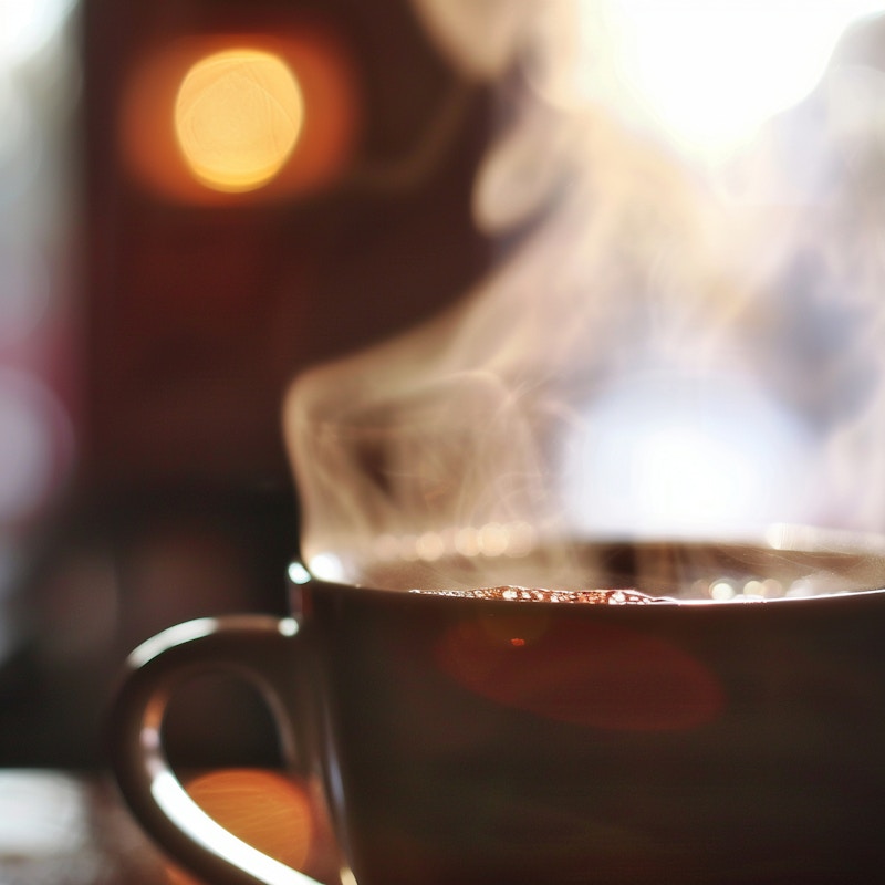 Photo: A steaming cup of coffee sits in soft focus, with the warm steam rising and creating a cozy ambiance.