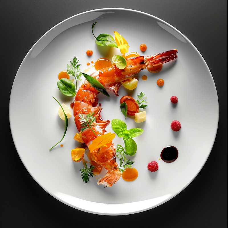 Photo: A beautifully plated gourmet shrimp dish with vibrant garnishes and a minimalist presentation on a pristine white plate.