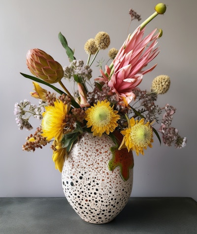 Spotted Ceramic Vase with Mixed Blooms - A spotted ceramic vase holds an arrangement of mixed blooms, including pink and yellow flowers, creating a vibrant and artistic floral display.