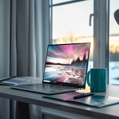 Laptop on Desk with Mug by Window - A sleek laptop and a turquoise mug sit on a desk by a window, with a beautiful sunset reflected on the screen, offering a serene workspace ambiance.