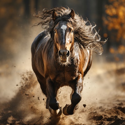 Brown Horse Running through Dust - A majestic brown horse with a flowing mane runs through a dusty path, exuding strength and grace against a blurred autumnal background.