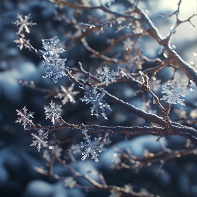 Frosty Tree Branches with Snowflakes - Tree branches covered in frost with intricate snowflakes delicately hanging, capturing the essence of a winter wonderland in exquisite detail.