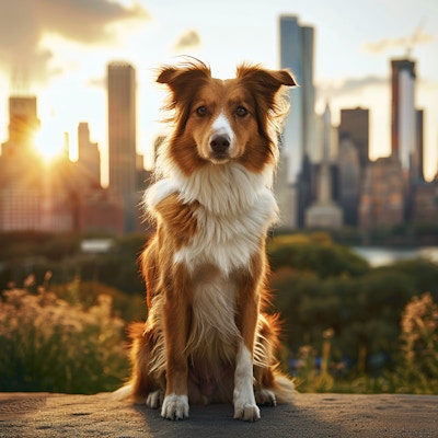 Brown and White Dog with Cityscape Background - A brown and white dog sits attentively with a cityscape backdrop at sunset, combining urban elements with the charm of a faithful companion.