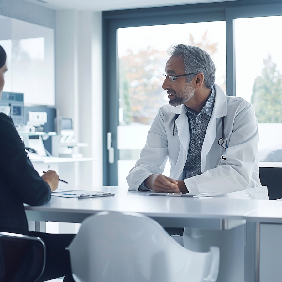 Photo: A male doctor in a white lab coat is sitting at a modern desk, engaged in conversation with a patient. The room is bright and well-lit, featuring large windows that let in natural light.