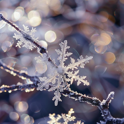 Frost-Covered Branch with Glittering Snowflakes - A close-up of a branch covered in delicate, intricate snowflakes, sparkling in the light. The background is filled with bokeh effects, creating a magical, wintery atmosphere.