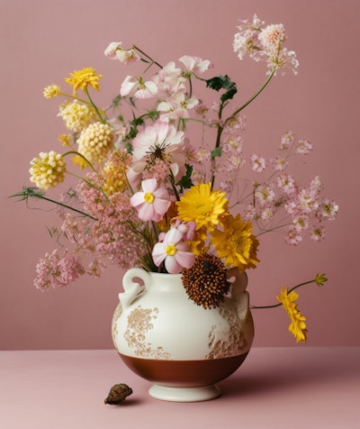 Vibrant Floral Arrangement in a White Ceramic Vase - A striking floral arrangement in a white ceramic vase with a pink backdrop. The bouquet includes a mix of yellow and pink flowers with various textures and shapes.